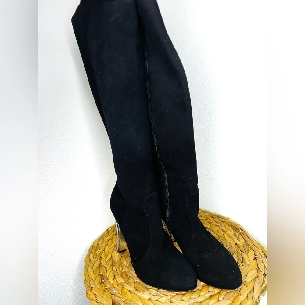 Bruno Magli long boot Suede black Platform tall Boots embellished silver heeled